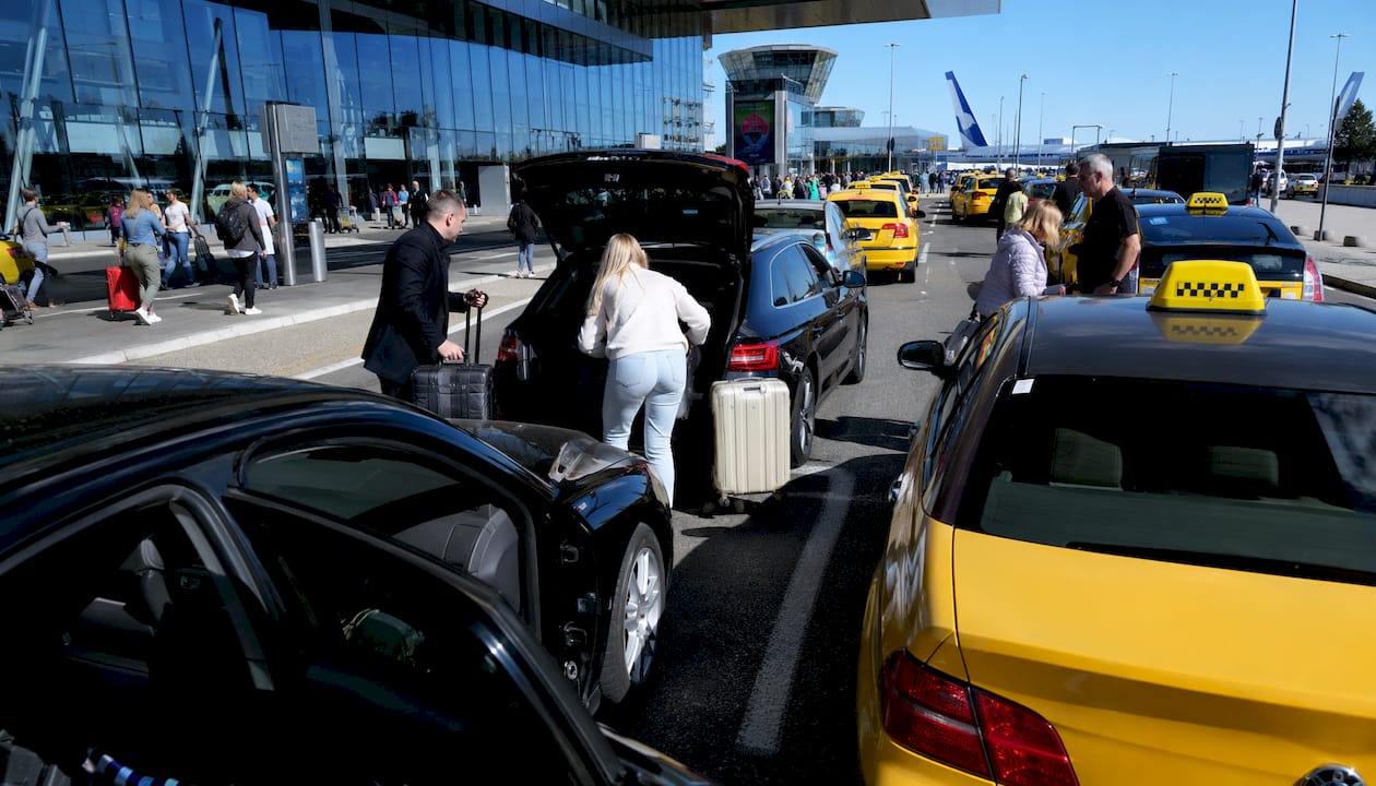 Taxi queue outside Tallinn Airport arrivals area