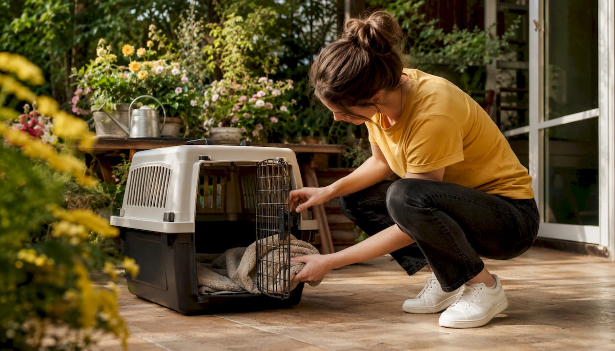 Hands preparing and adjusting pet travel crate