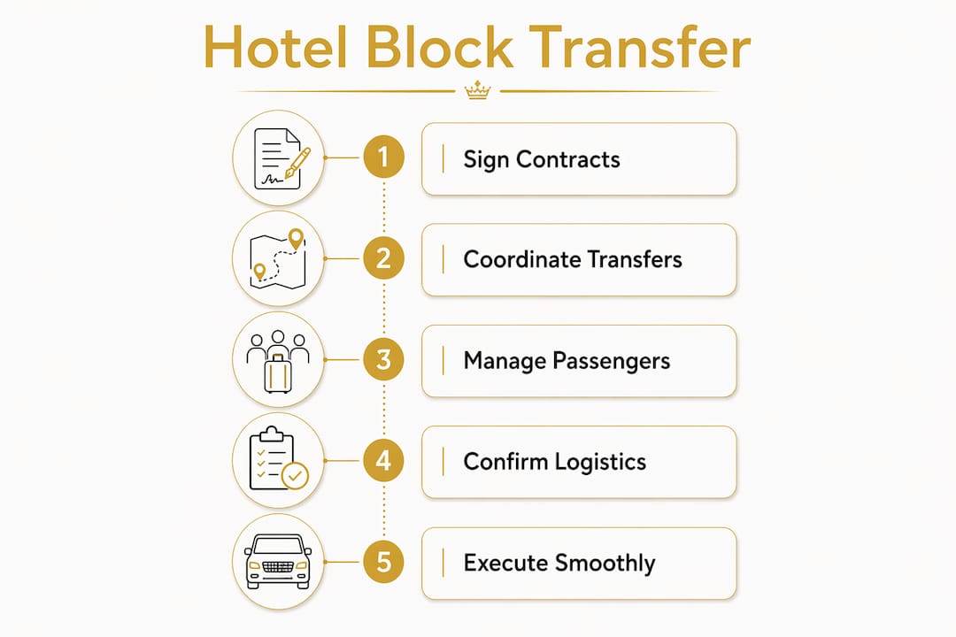 Infographic showing hotel block transfer key process steps