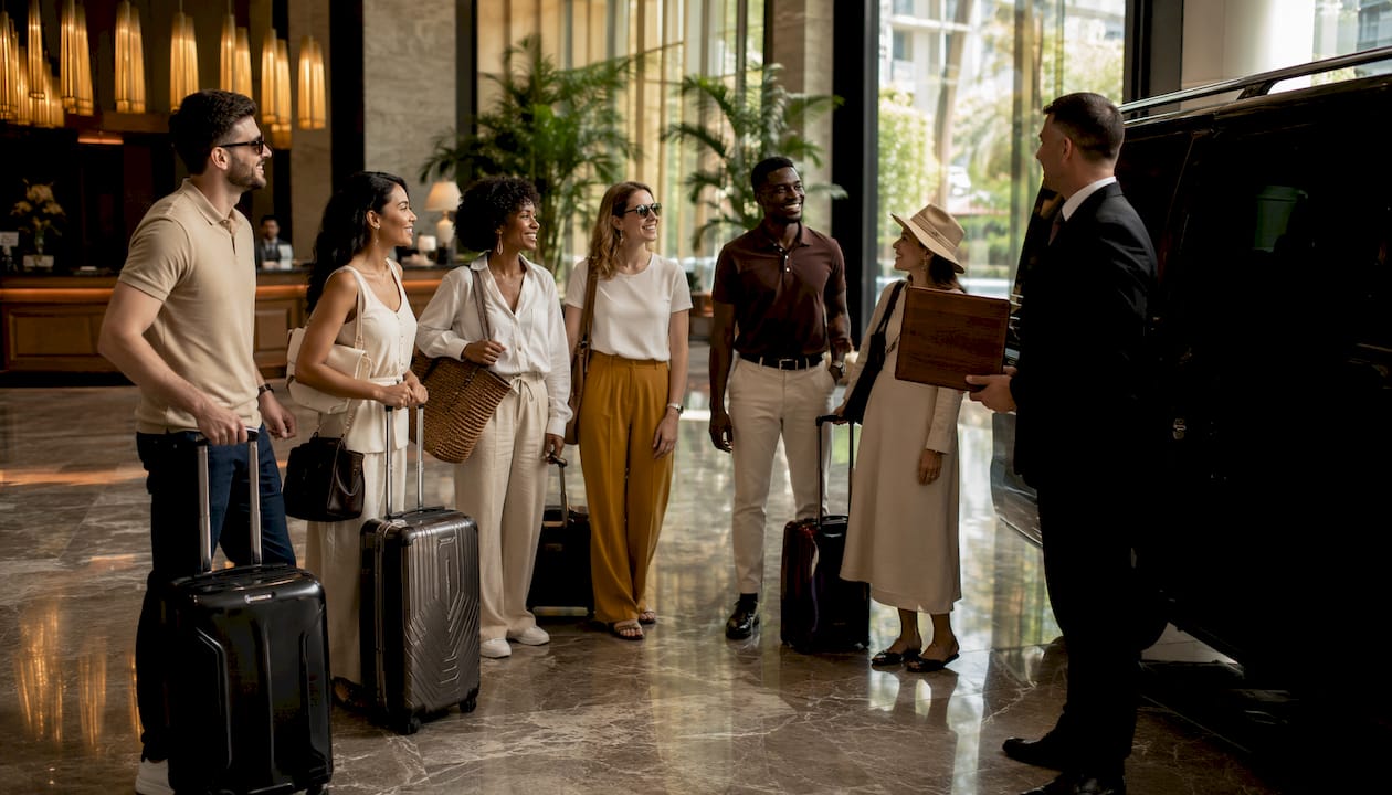 Driver assisting group arrival at hotel pickup