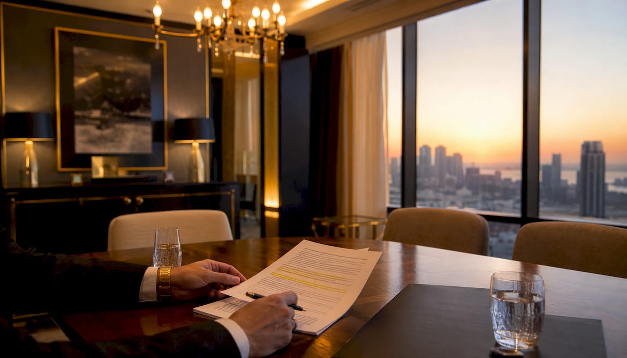 Hands reviewing corporate transfer contract document