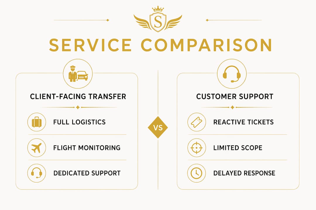 Infographic comparing client-facing transfer and customer support