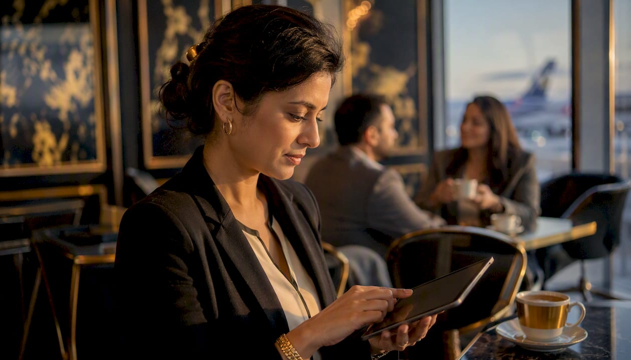 Woman comparing private transfer and ride-hailing options