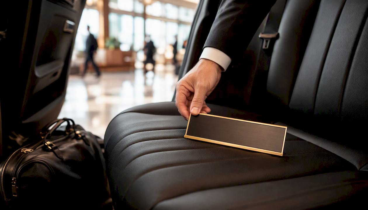 Chauffeur placing name board inside car