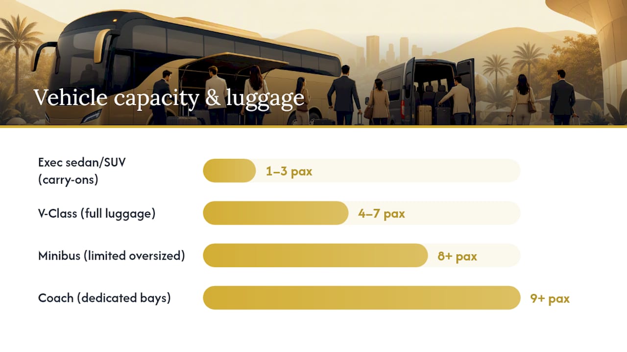 Diagram comparing vehicle classes, passenger ranges, and luggage guidance