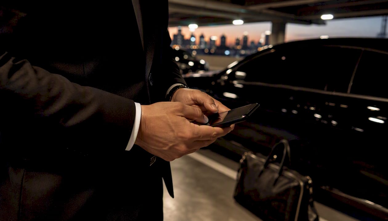 Chauffeur checking live flight status on device