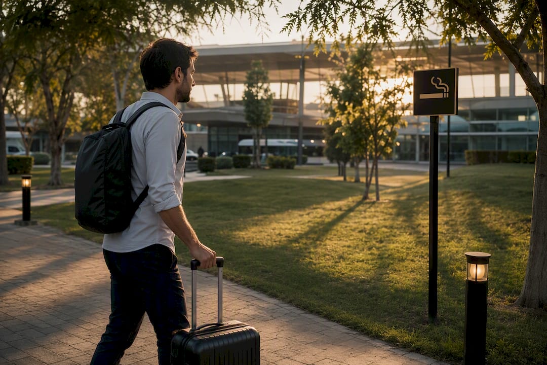 Traveler walking toward smoking area sign near airport Pet Pad