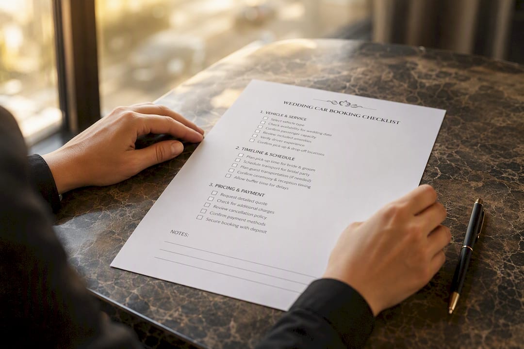 Hands holding wedding car booking checklist