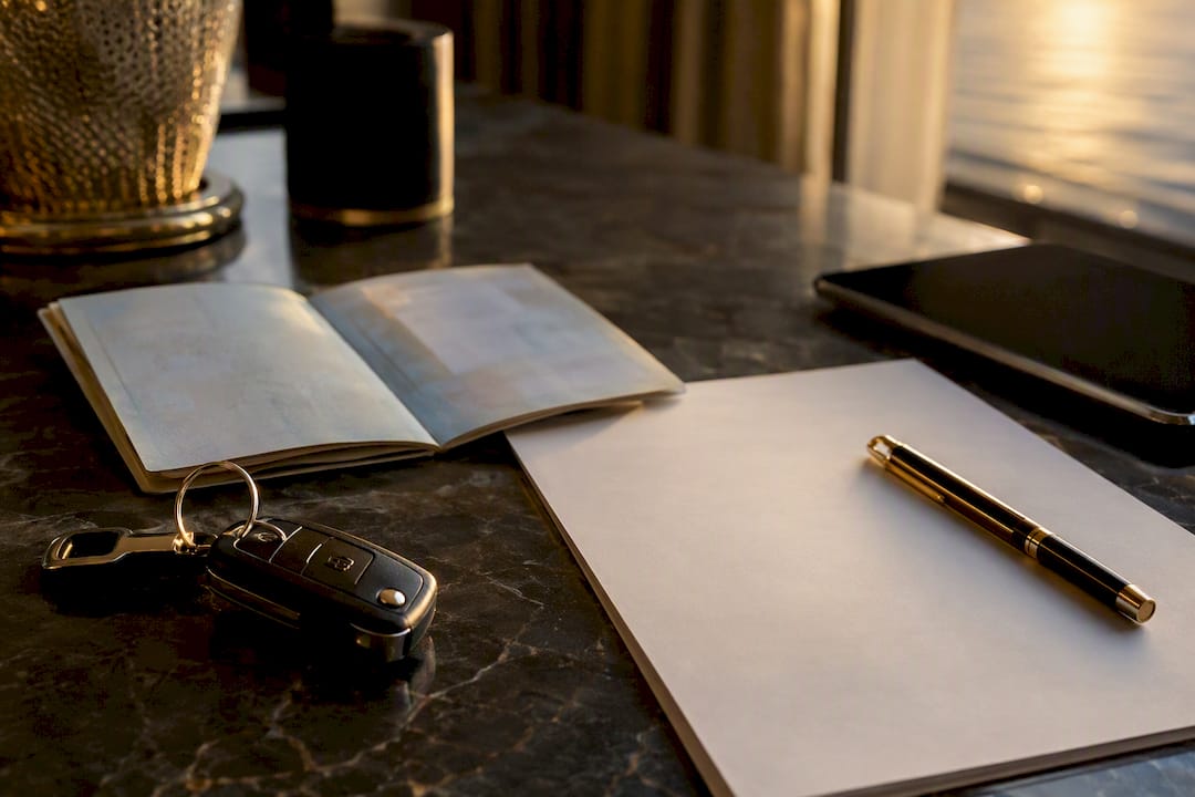 Car keys and passport on travel planning table