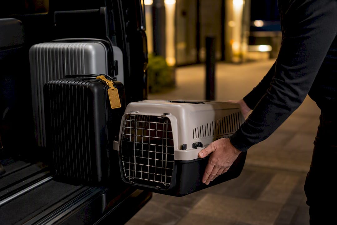 Pet carrier and luggage prepared for transfer