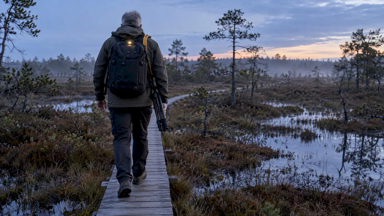 Photographer staying on bog boardwalk