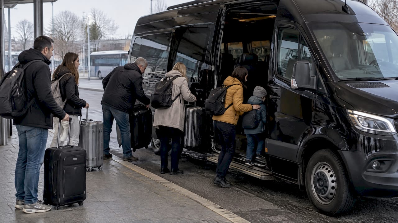 Travelers loading luggage into a minibus