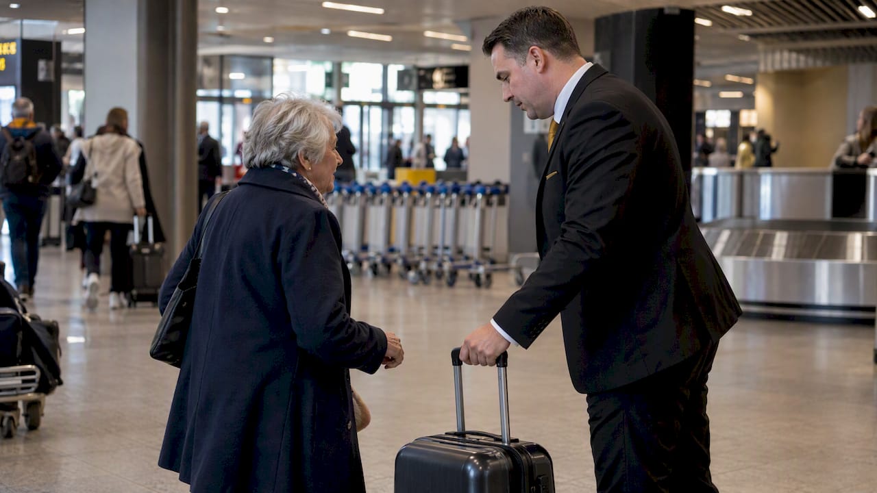Driver helps an elderly wedding guest with luggage